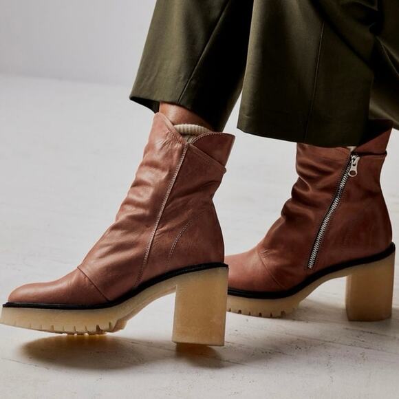 Free People Jack Zip Heel Ankle Boots Spiced Chai Tan Leather 39.5 Lug Sole - Picture 10 of 10